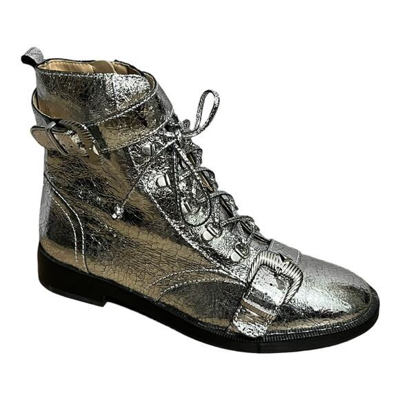 💫Schutz Silver Metallic Combat Ankle Boots Sz-8 - Picture 1 of 10